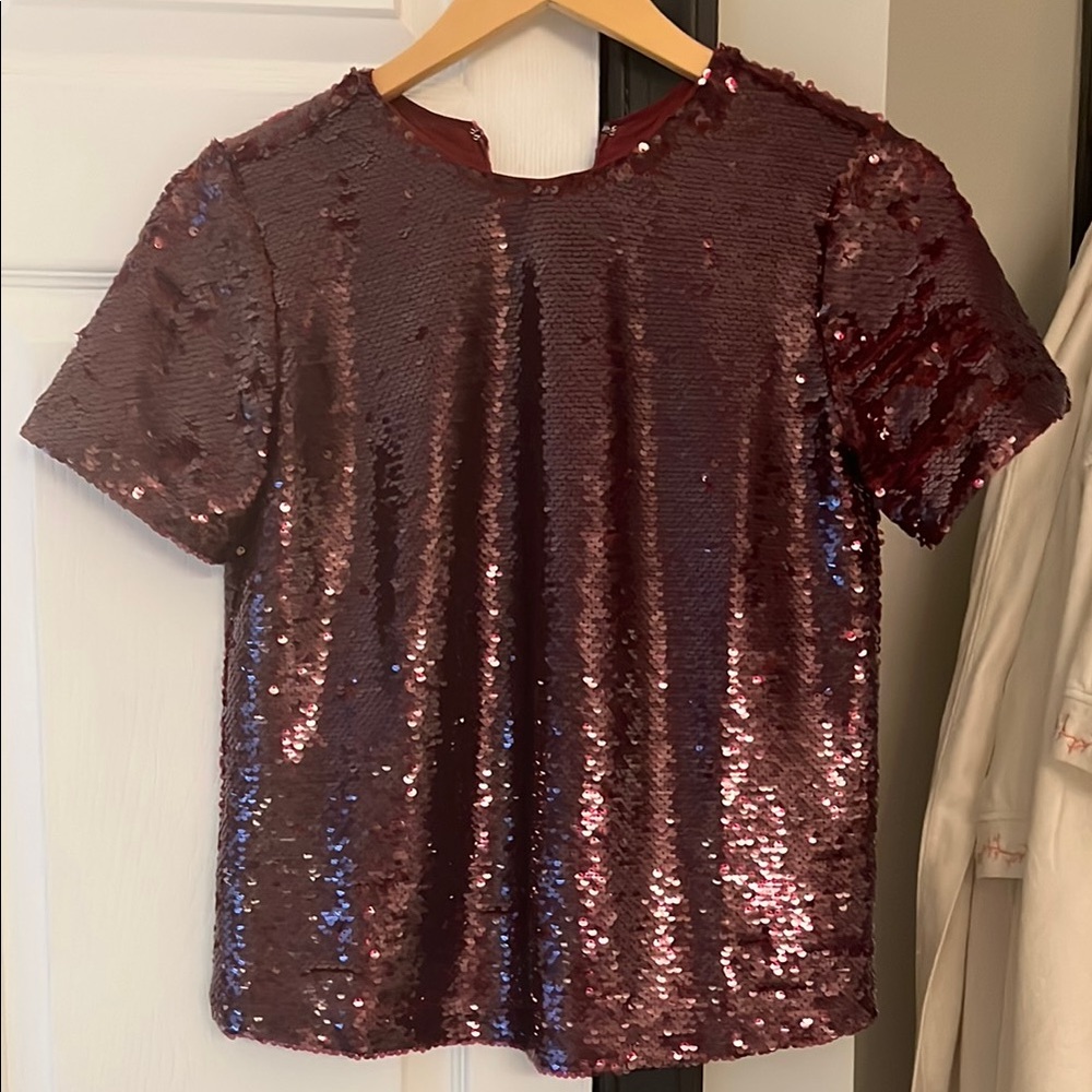 Sequin Short Sleeve Top - Burgundy